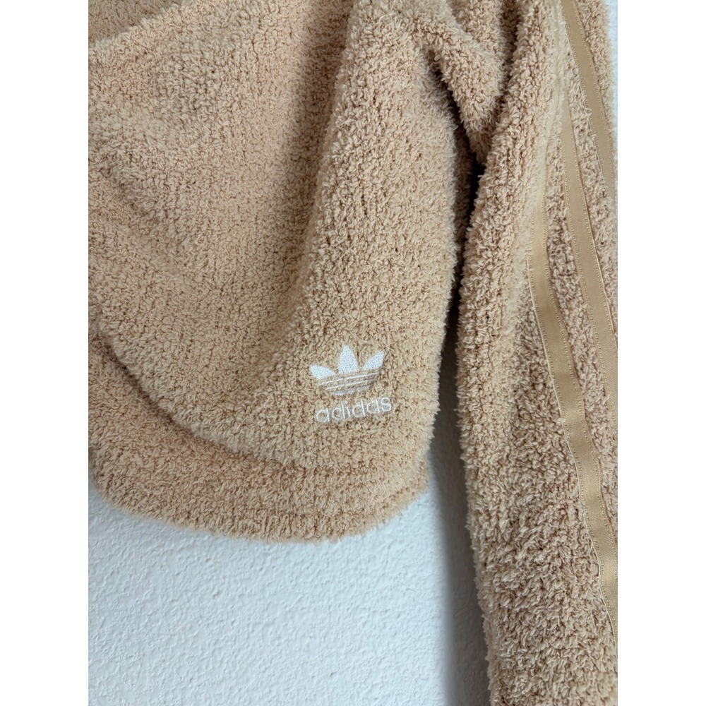 Adidas Originals Women Beige Teddy Fleece Ruched Cropped Long Sleeve Top Small - Picture 2 of 4